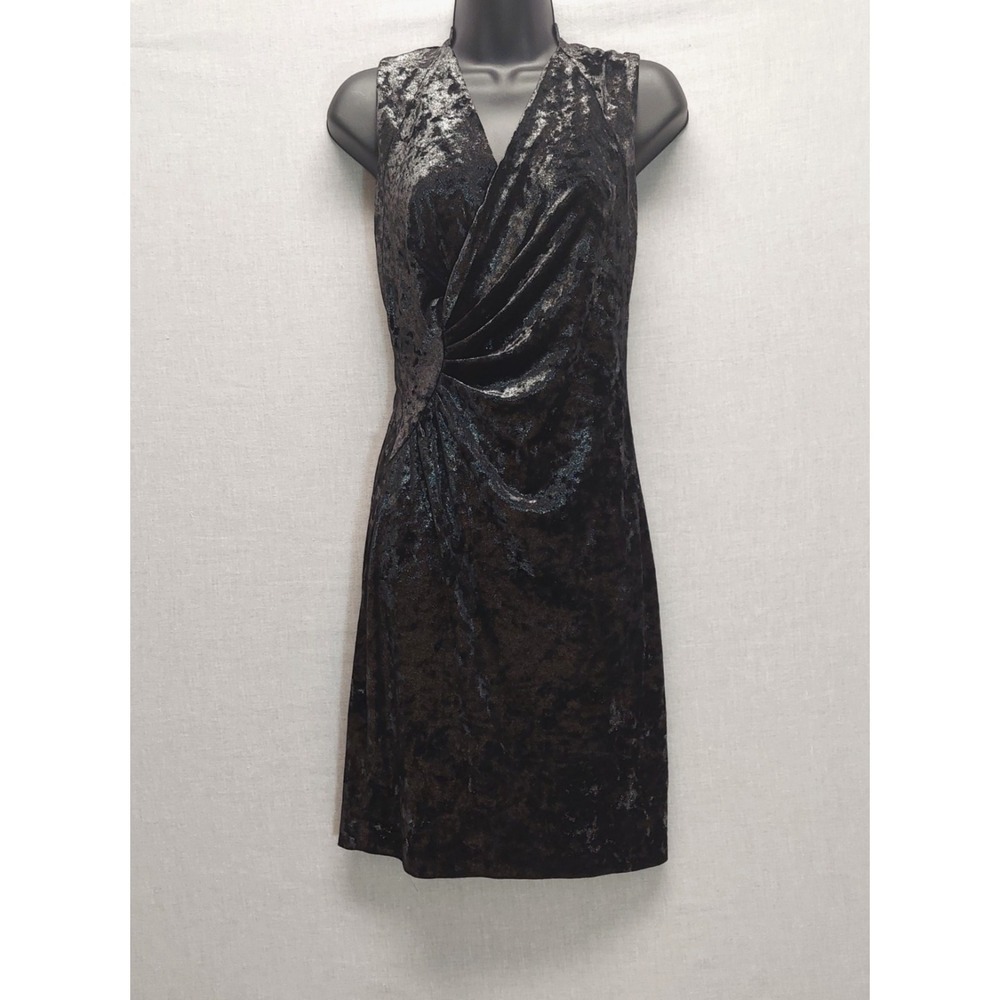 Elie Tahari Y2K Sleeveless Velvet Dress S Black Faux Wrap Bodycon Holiday Goth